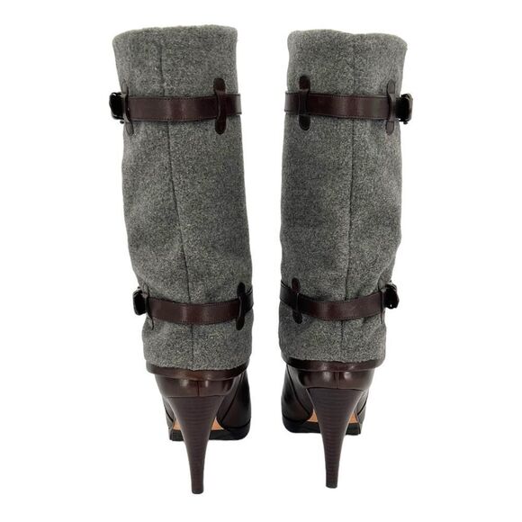 Cole Haan Air Kennedy Buckle Belted Dark Brown Leather Grey Felt Wool Boots 8.5 - Picture 12 of 15